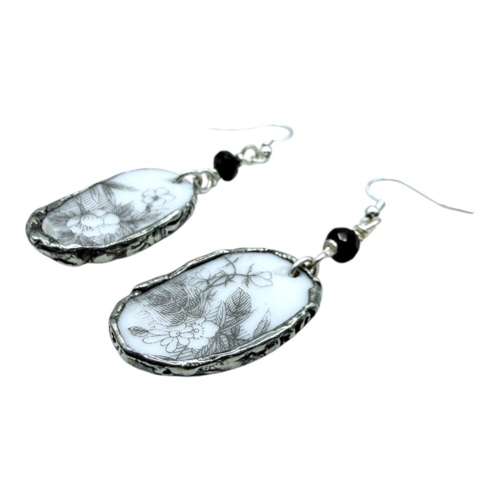 Florentine Sango Broken China Earrings - Vintage Floral Sterling Silver Dangles - Picture 10 of 14
